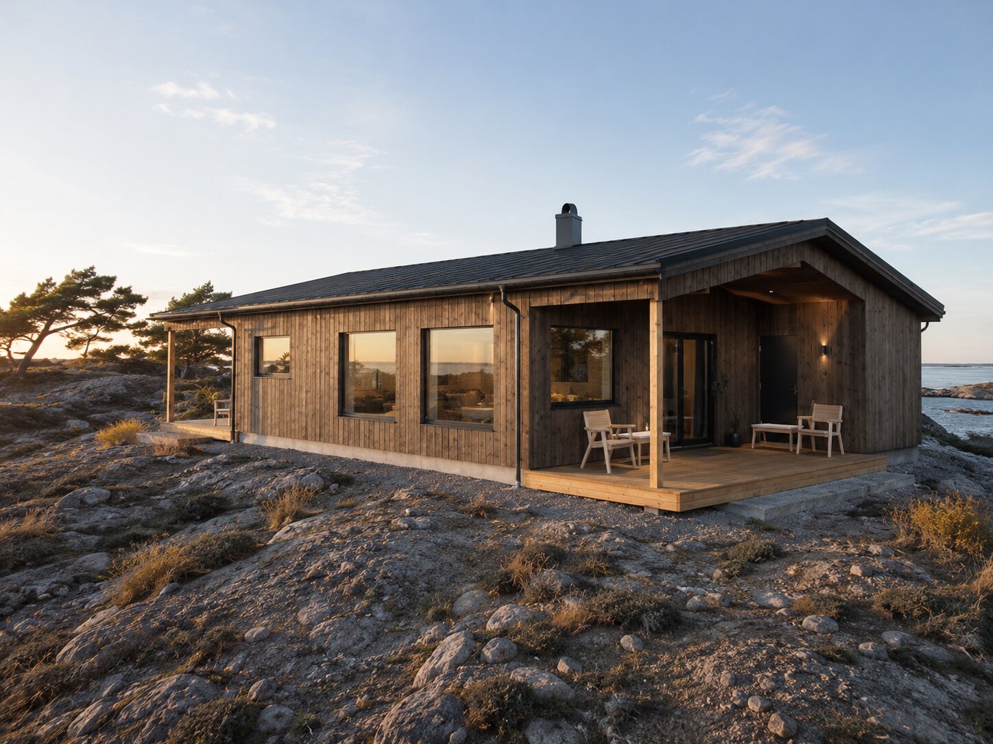 Arkitekttegnet trehytte på svaberg ved sjøen
