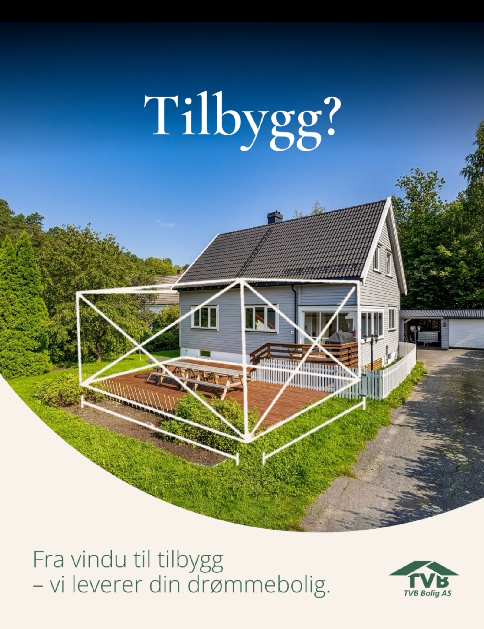 Skisse av tilbygg tegnet over bolig